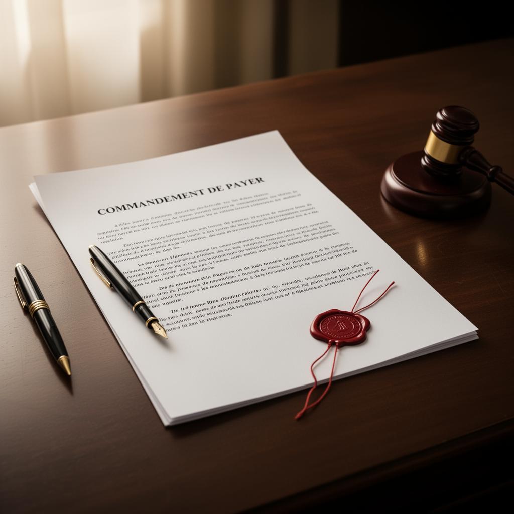 Acte de commandement de payer avec sceau de cire rouge, stylo plume et marteau de juge sur bureau en bois