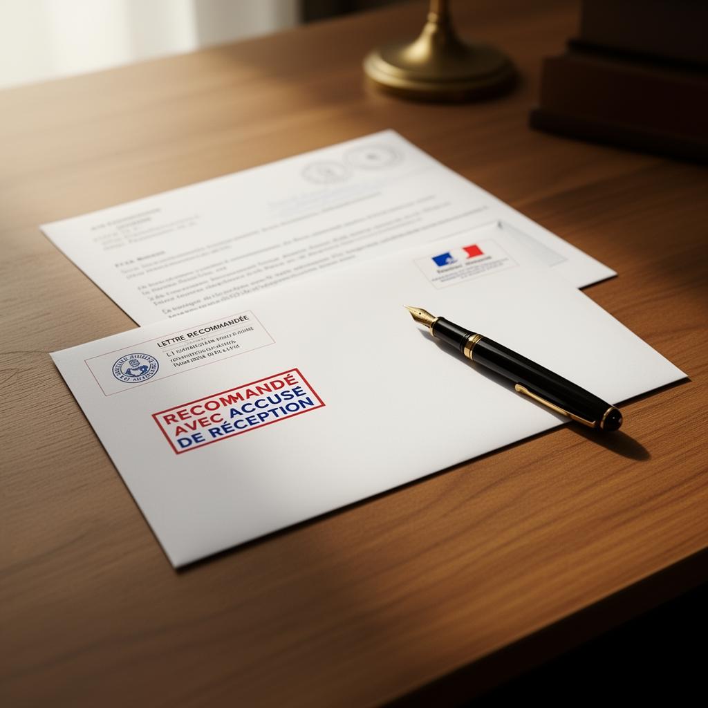 Lettre recommandée avec accusé de réception posée sur un bureau