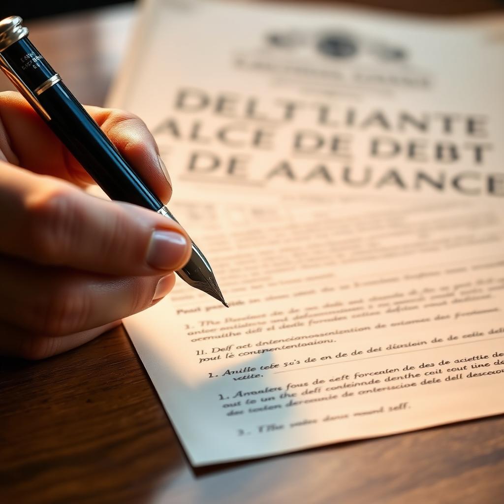 Main signant au stylo plume une reconnaissance de dette sur un bureau en bois