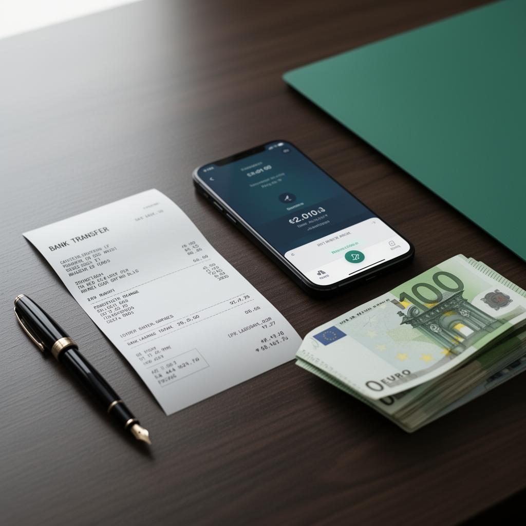 Reçu de virement bancaire, smartphone affichant une application bancaire, stylo plume et billets en euros sur un bureau en bois sombre